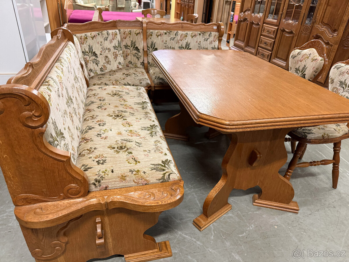 Dvakrát dubová jídelní lavice + stůl a židle - 2