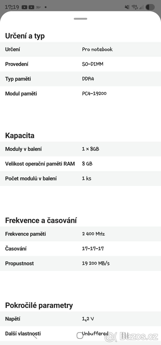 Crucial (RAM pro notebooky) 8 GB DDR4 2400 CL17. - 2