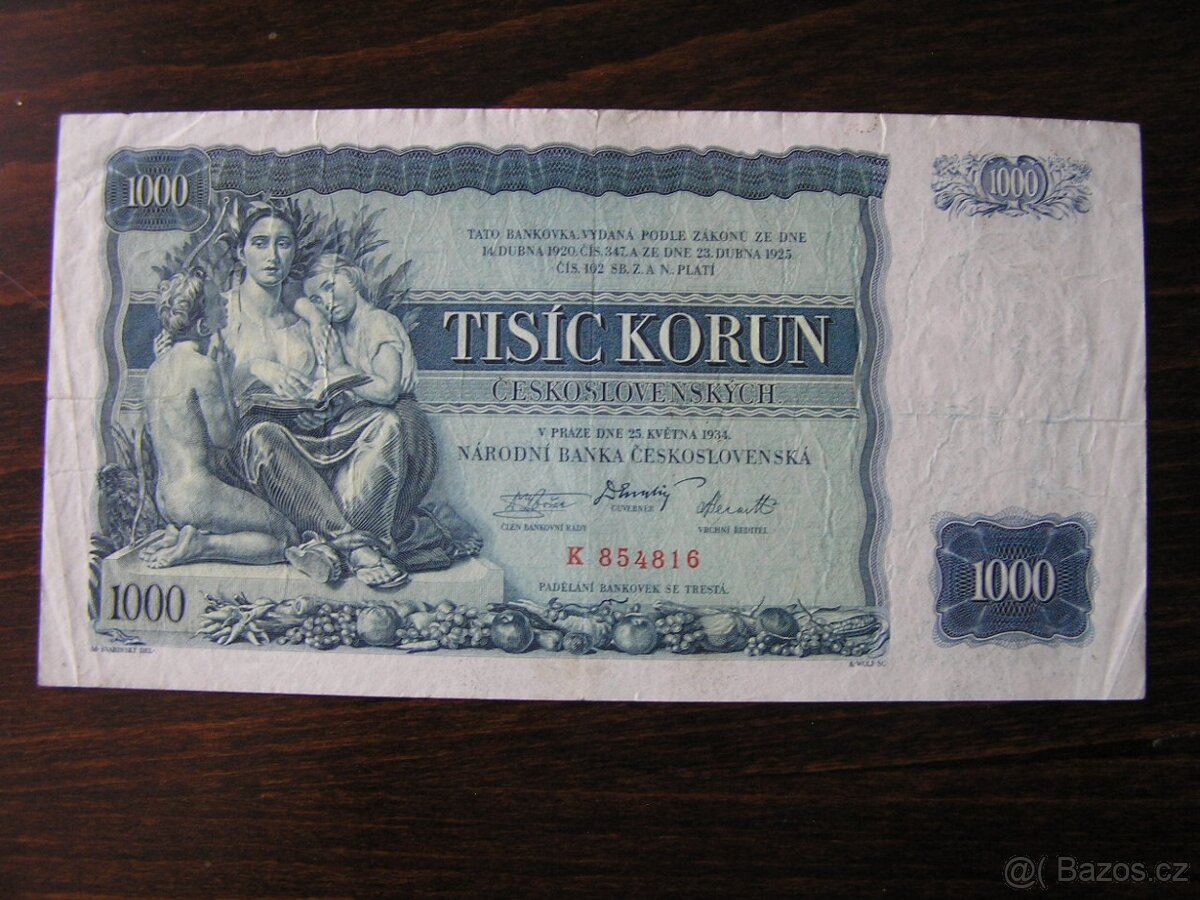 ČESKOSLOVENSKÁ BANKOVKA: 1000-KORÚN-1934 - 2