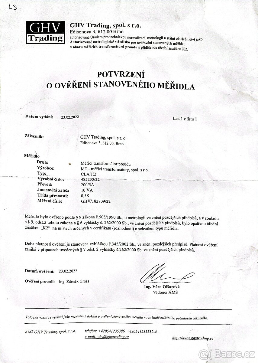 🧰 Měřicí transformátory proudu CLA 1.2 – 200/5 A, 3ks
- 2