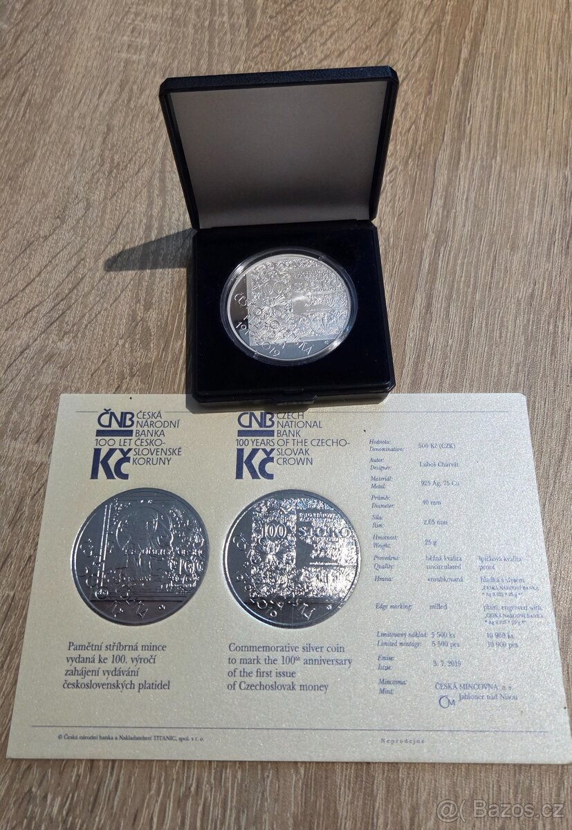 Stříbrná mince 500kč Vznik Československých platidel Proof - 2