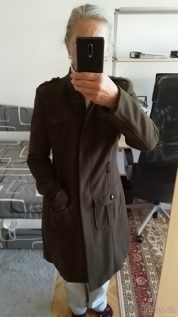 Dámský flaušový kabát tmavě khaki vel. 36 Camaieu - 2
