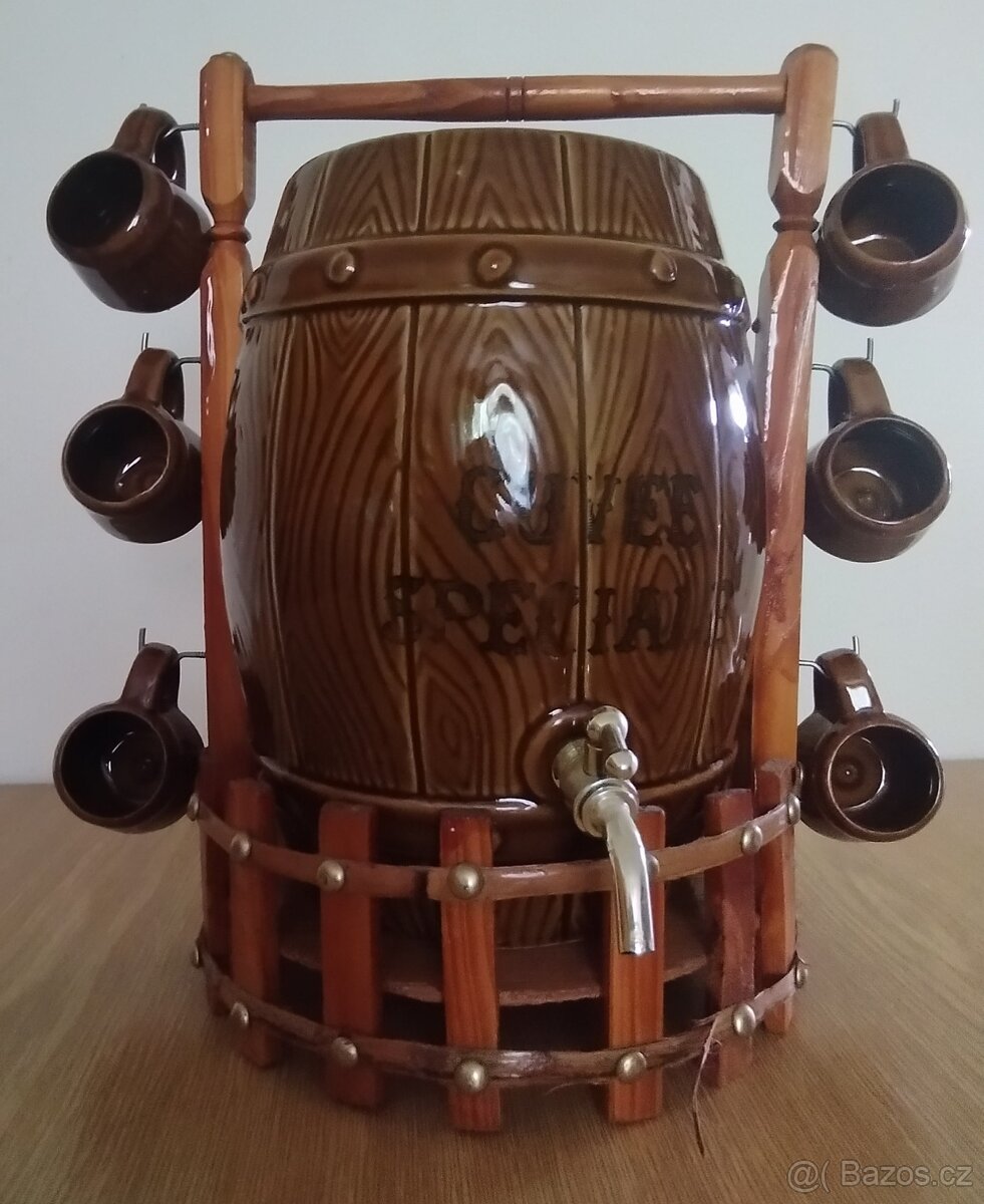 Retro keramický soudek se 6 panáčky + přenosný košík - 2