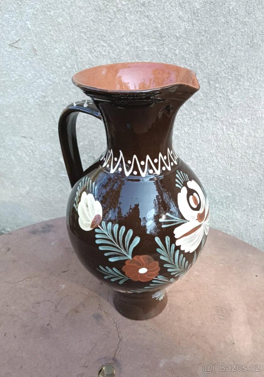 Keramická váza džbán hnědá s květy - 2