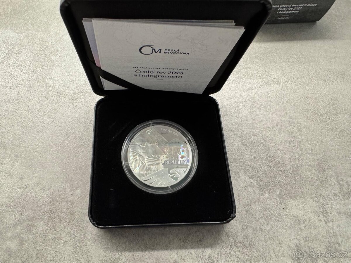 stříbrná investiční mince Český lev 2023 s hologramem proof - 2