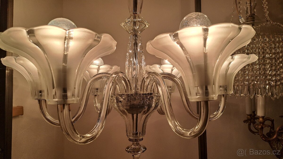 Art Deko, starožitný celoskleněný lustr, osvětlení - 2