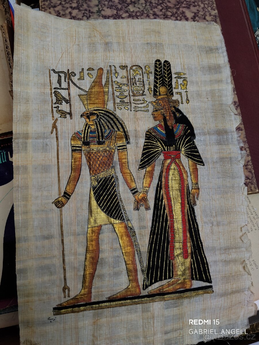 Bůh Hor s Bohyní ( zlacený obraz na papyrusu ) - 2