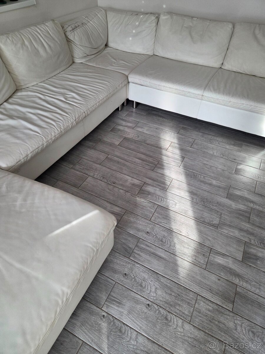 Gauč do U, sedací souprava do U, bily, kožený, - 2