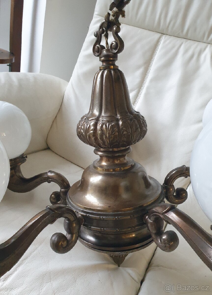 Velký starožitný lustr art deco mosaz pětiramenný - 2