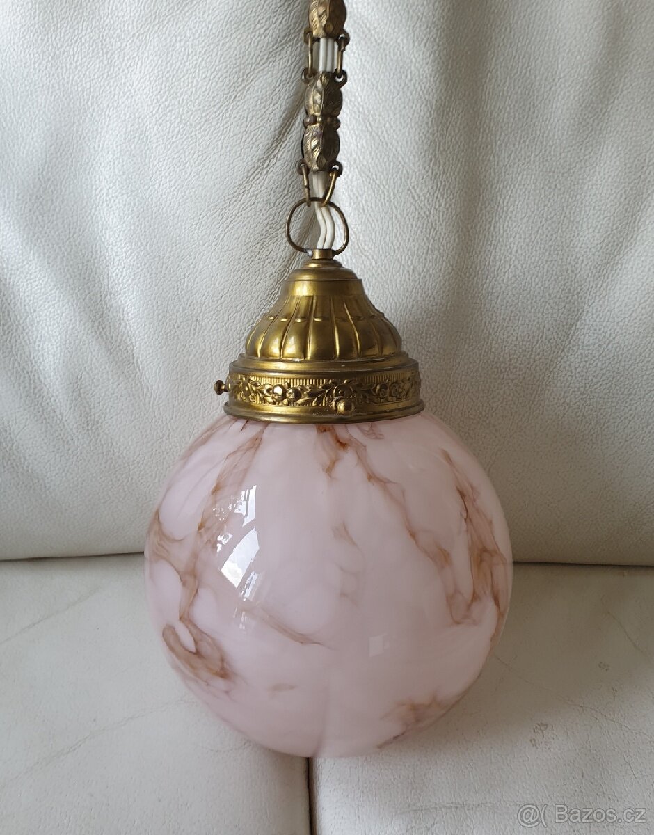 Starožitný lustr art deco na řetězu růžová koule - 2