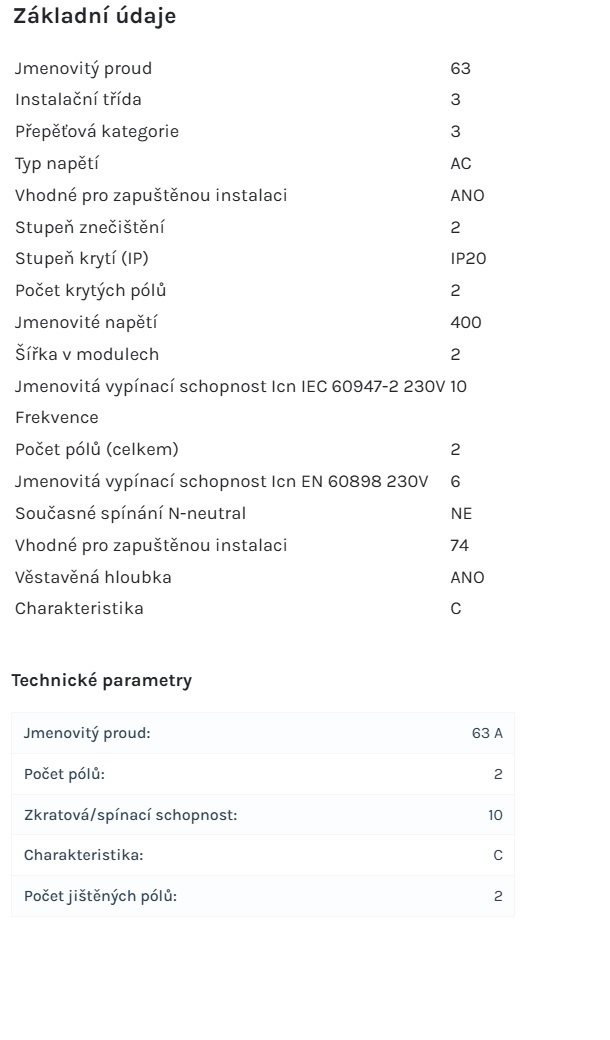 Instalační jistič Noark Ex9BN 2P C63 - 1.300ks - 2