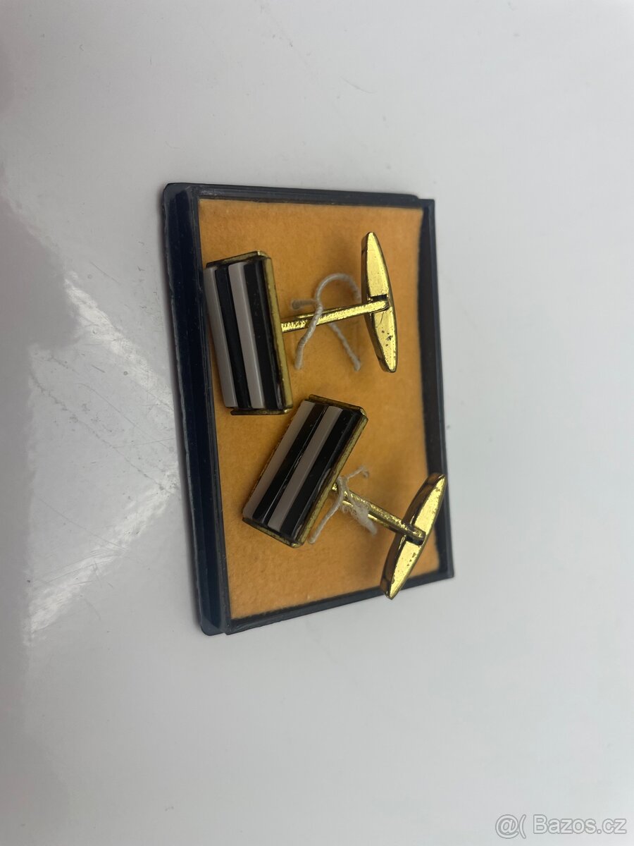 Retro manžetové knoflíky – černobílé pruhy, původní krabička - 2