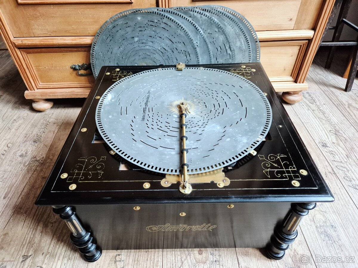 Velký starožitný hrací stroj, flašinet na kliku Amorette - 2