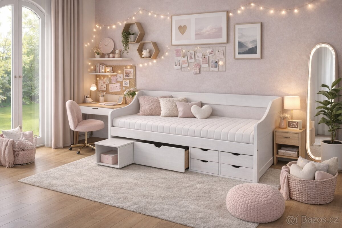 Multifunkční postel z masivního dřeva bílá NOVÁ - 2
