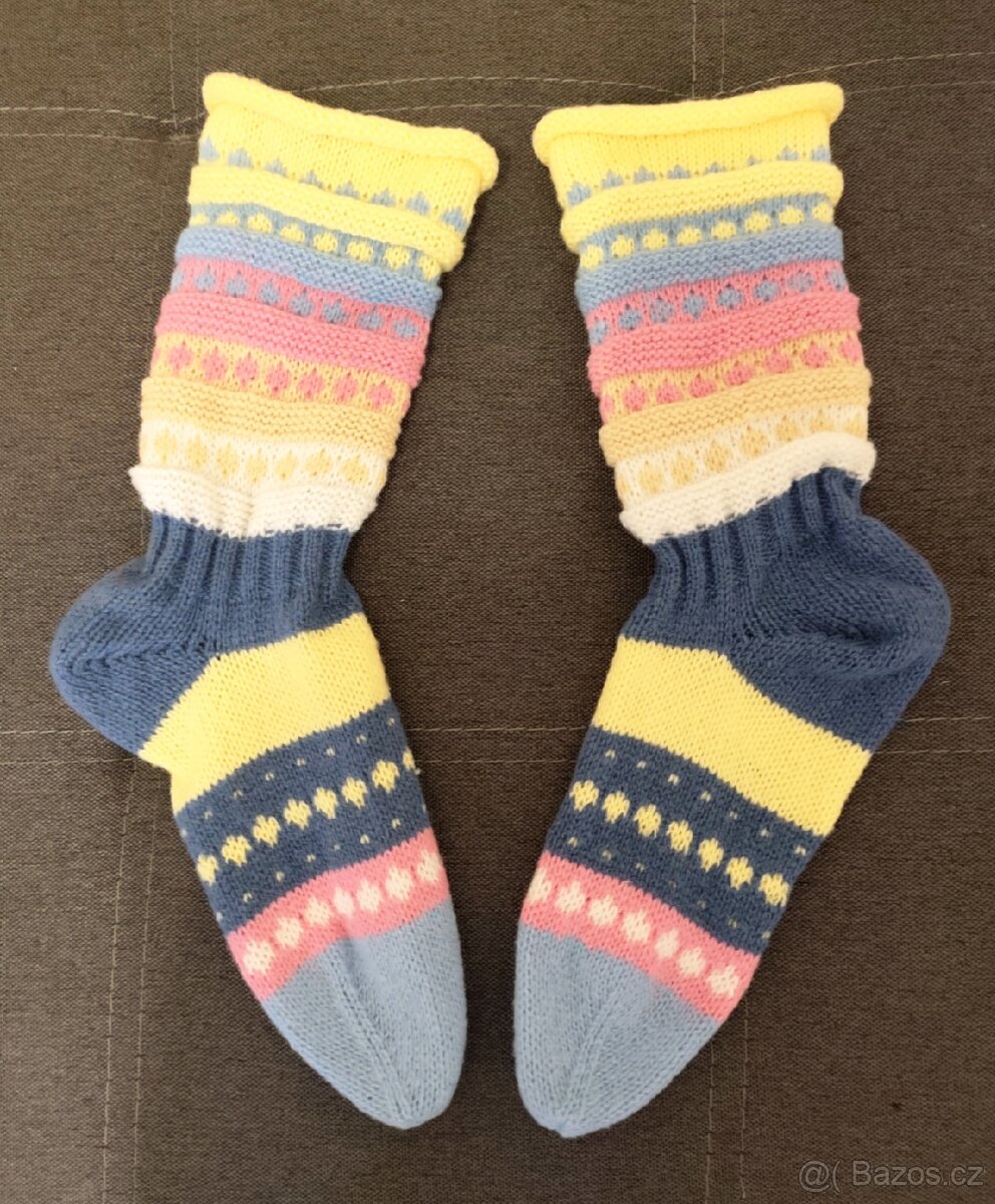 Ponožky pletené žlutá - modrá - 2