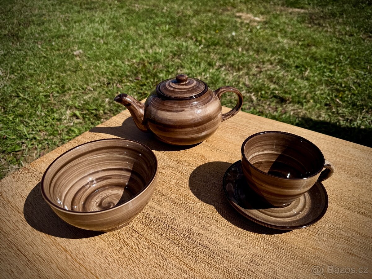 Keramická čajová souprava – točená hnědá glazura - 2