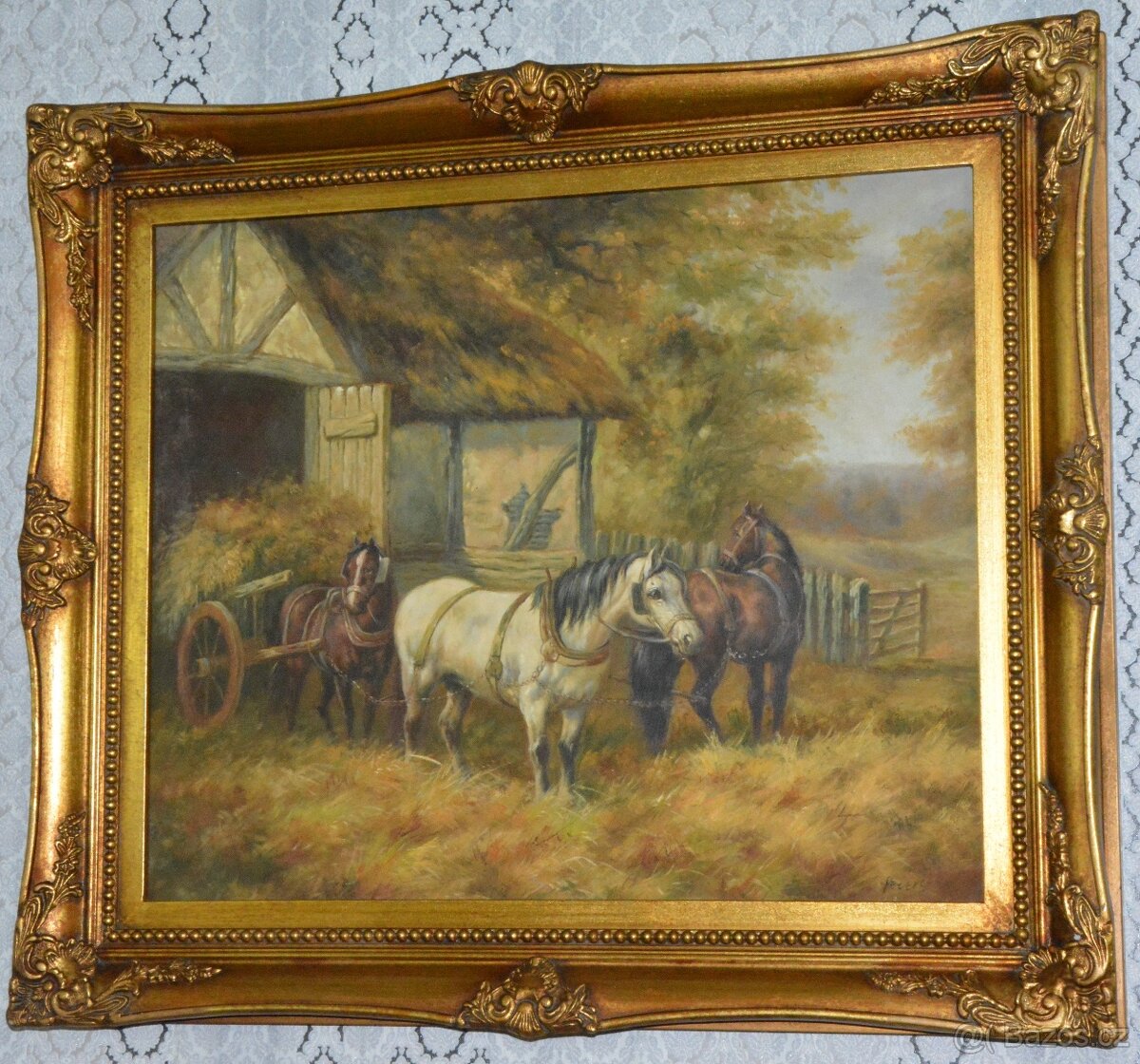 Zámecký obraz - U stáje - olej na plátně - 2