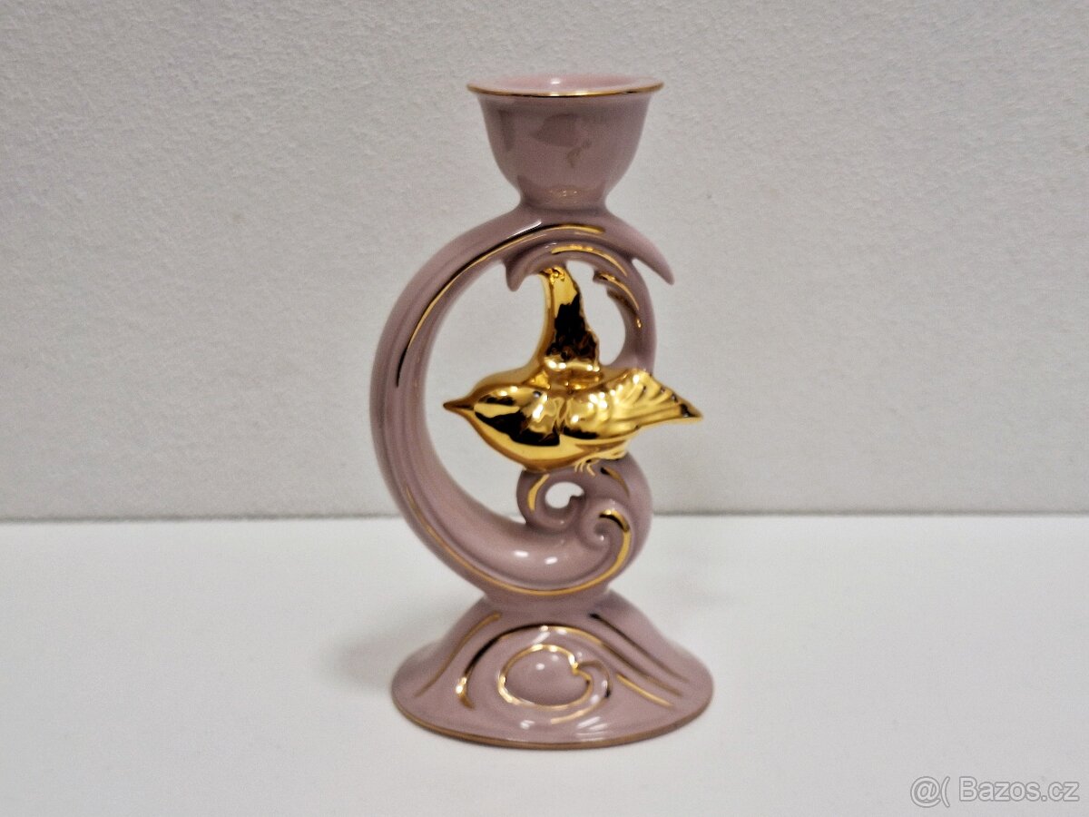 Růžový porcelán - Chodov- svícen zlacený - 2