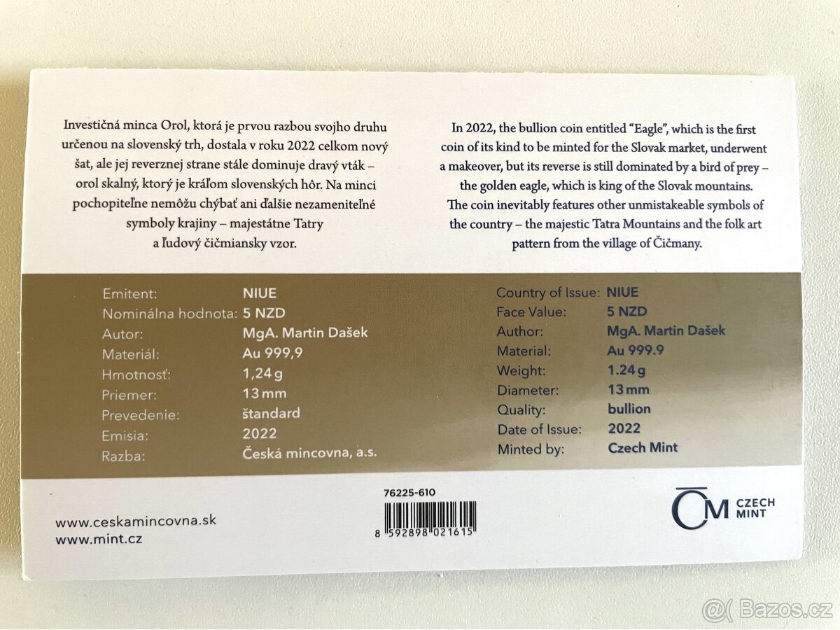 Slovenský orel 2022 1/25 oz zlato Emise 500kusu - 2