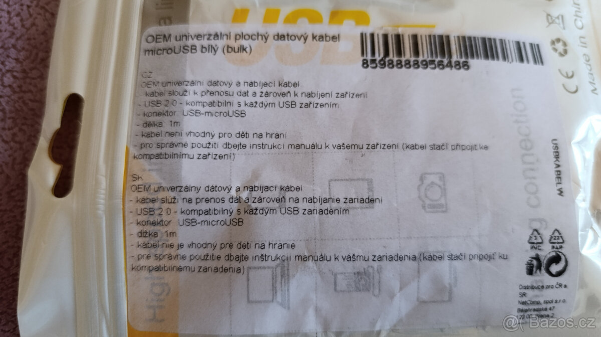 Kabel USB USB A M - microUSB M - 1m, bílý, plochý - 2