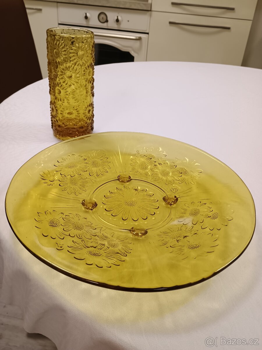 Váza medové sklo kopretiny + talíř - 2
