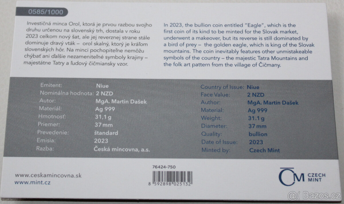Stříbrná investiční mince Orel 2023 - číslo 585 - 2