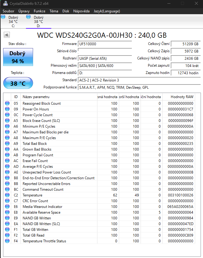 SSD WD Green 240GB SATA – 94% zdraví - 2