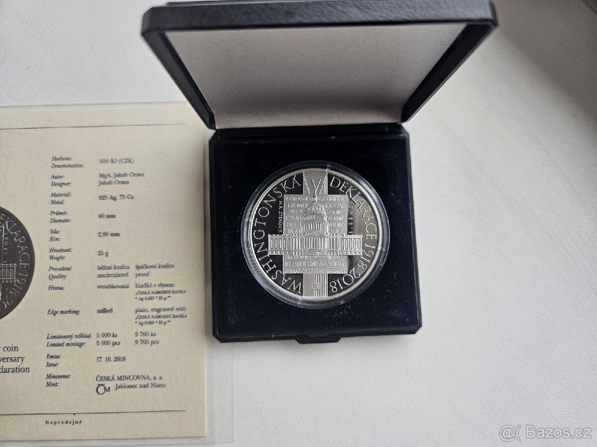 Mince ČNB 500Kč Washingtonská deklarace 2018 proof - 2