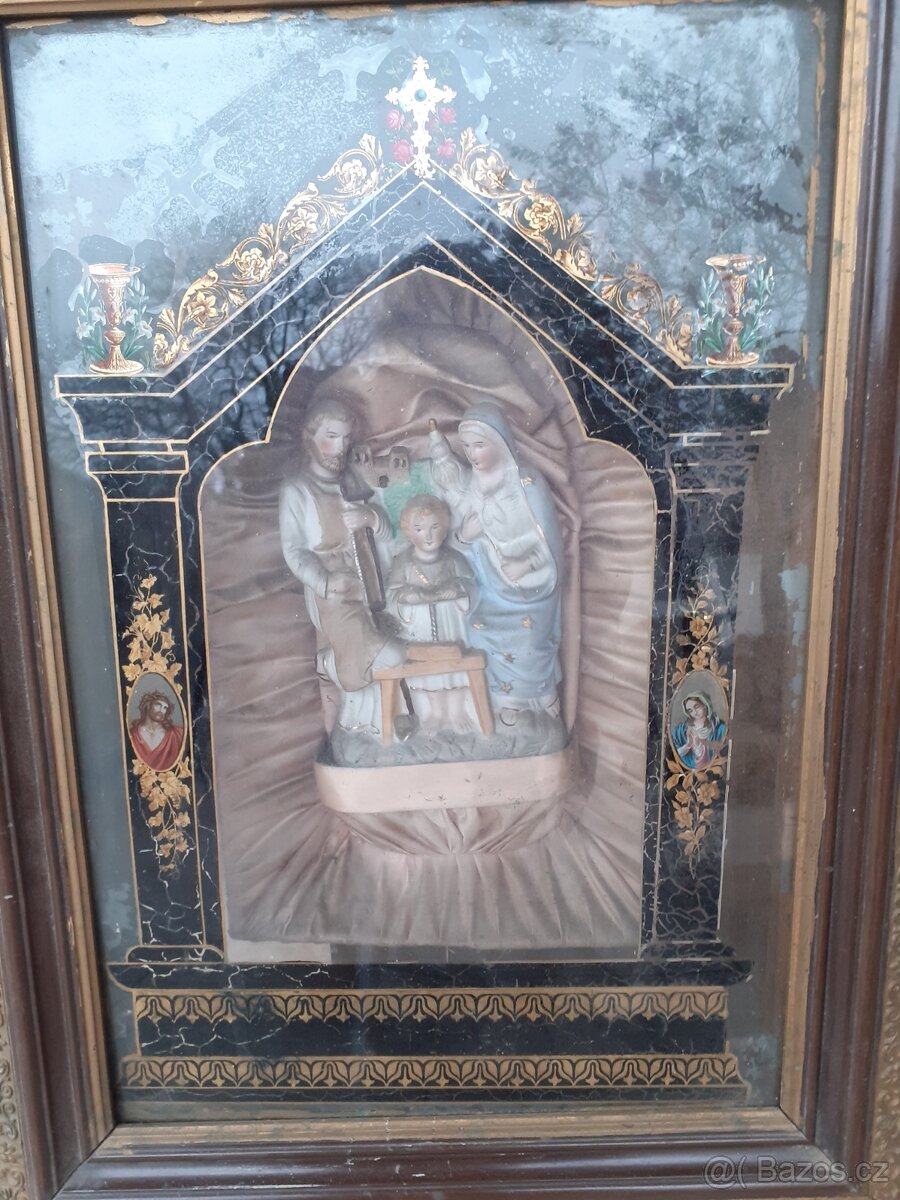 Starožitný hrací obraz, kaplička se soškou pamatnik bible - 2