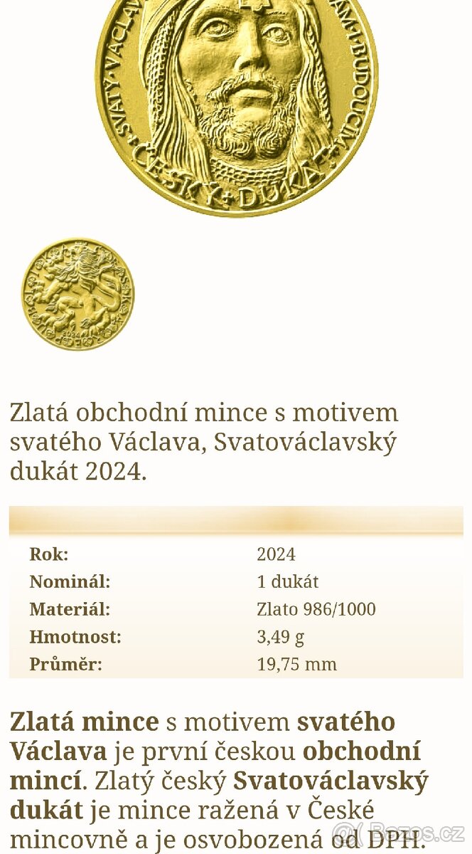 prodám ČNB Svatováclavský obchodní dukát zlatý, emise 2024 - 2