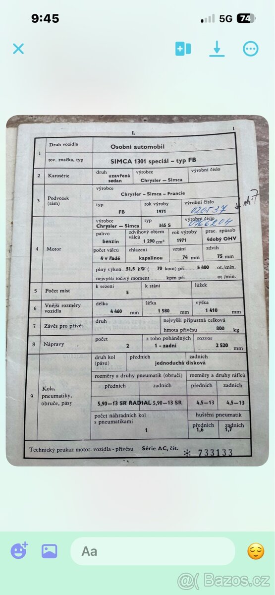 Technický průkaz SIMCA 1301Speciál -FB - 2