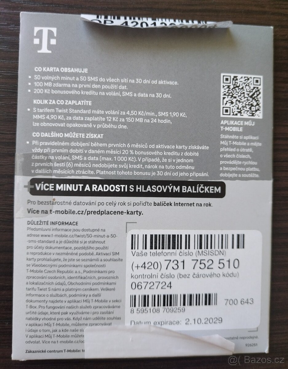 SIM karta T-Mobile 50 min a 50 SMS + 200 Kč kredit - 2