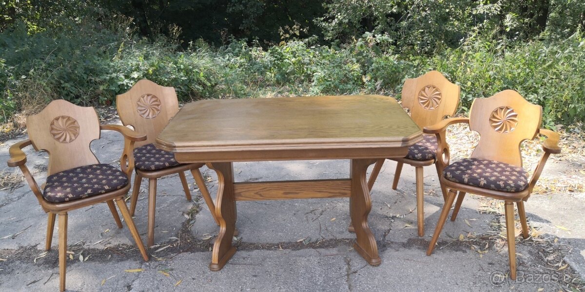 Rustikální masivní rozkládací stůl+4 židle - 2