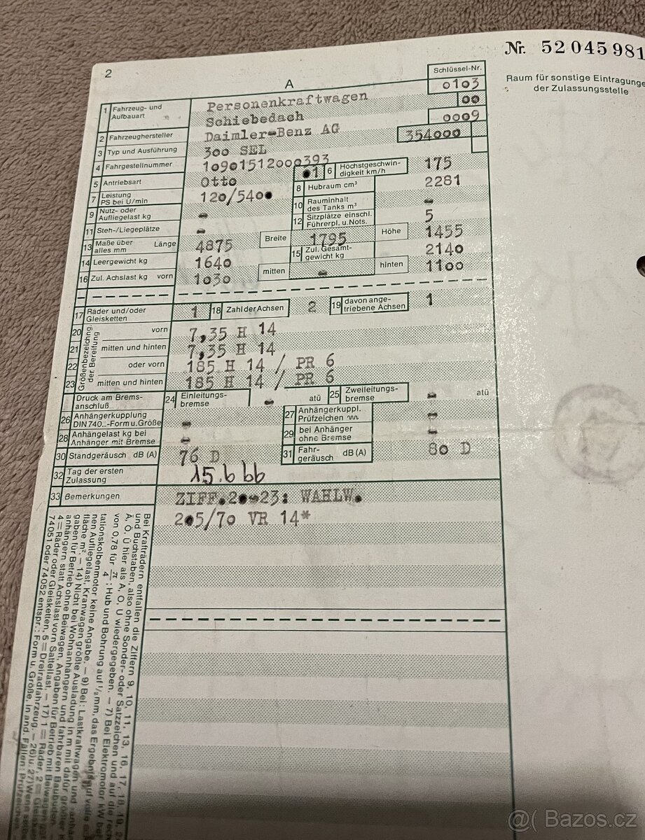 TP Mercedes 300SEL W109 r.v. 1966 - 2