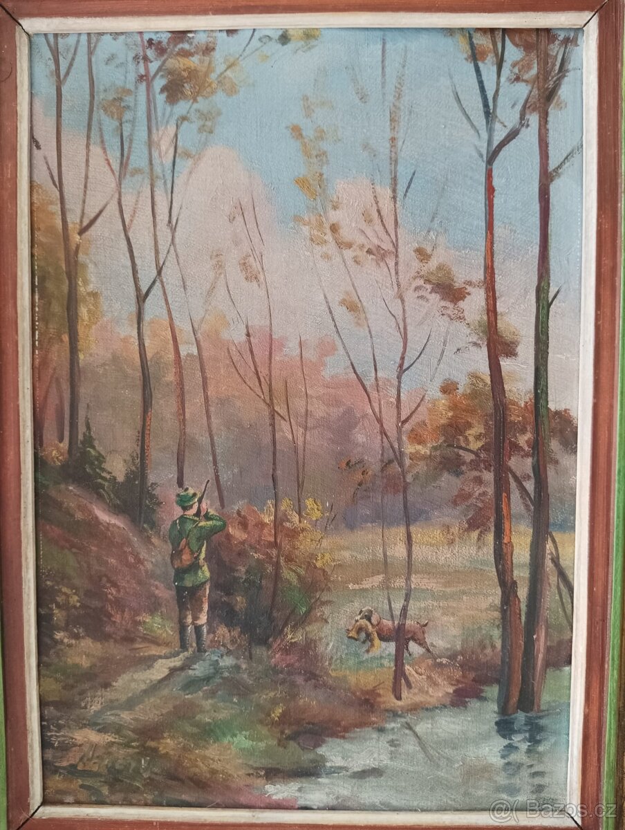OBRAZ OLEJ NA KARTONU LOVECKÝ MOTIV SIGNATURA NEČITELNÁ - 2