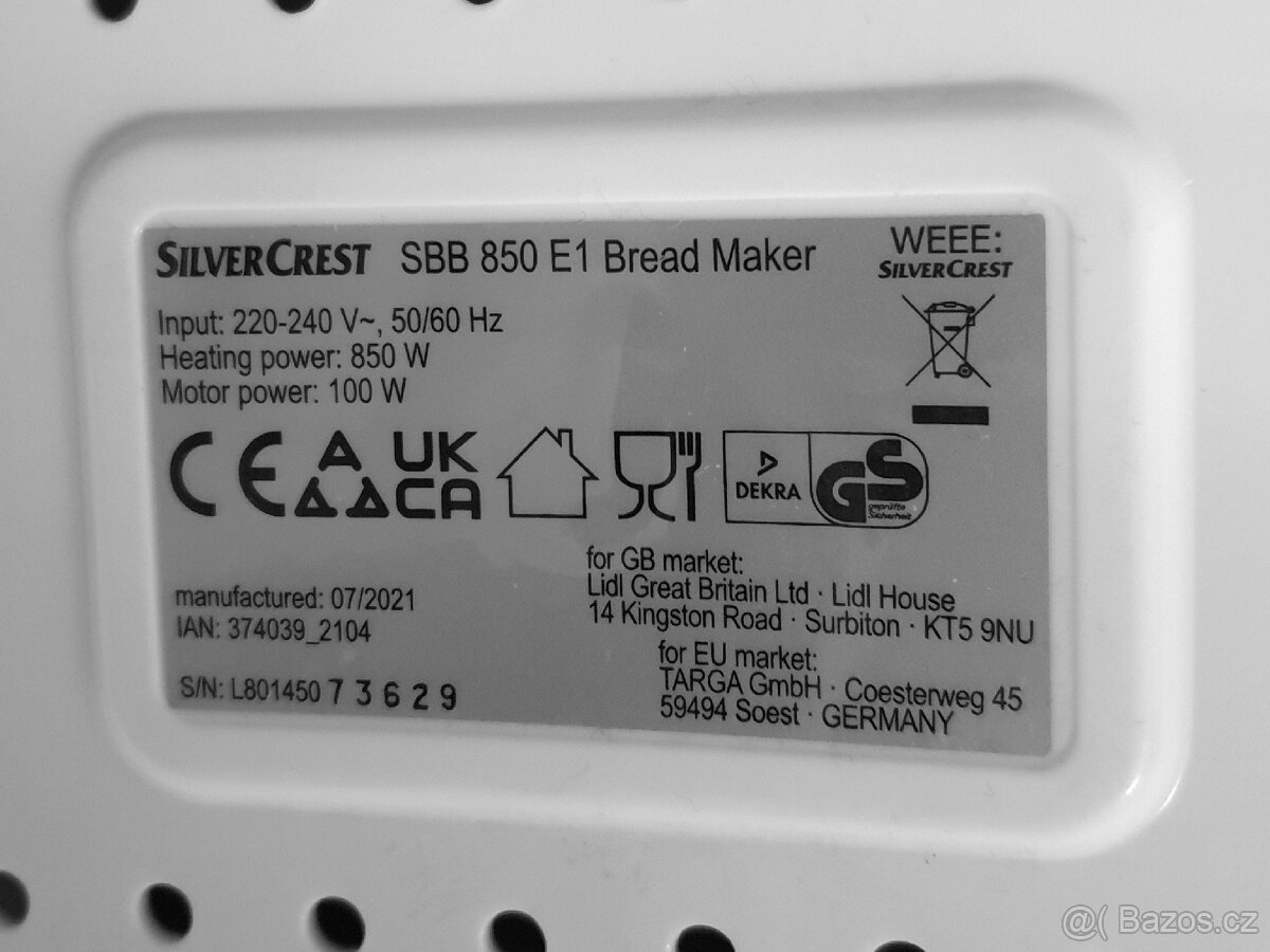Pekárna SilverCrest, 850W - 2
