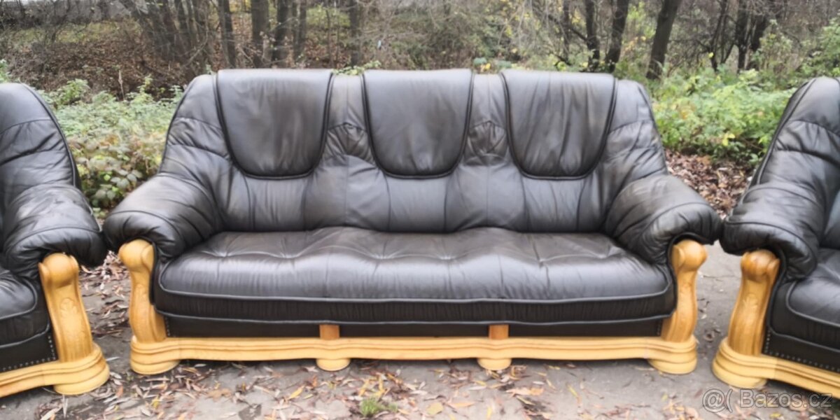 Kožená sedací souprava 3+1+1 s masivnim dubovým dřevem - 2