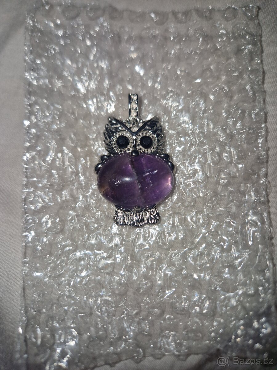 Nový bižu přívěsek sova s ametystem - 2