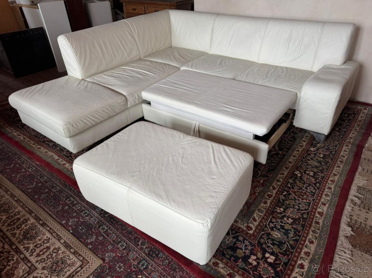 Bílá kožená rohová sedačka s taburetem,5979 - 2