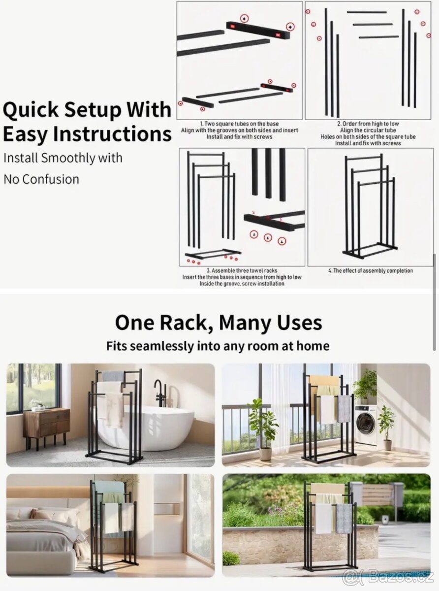 Stojan na ručníky do koupelny, černý - 2