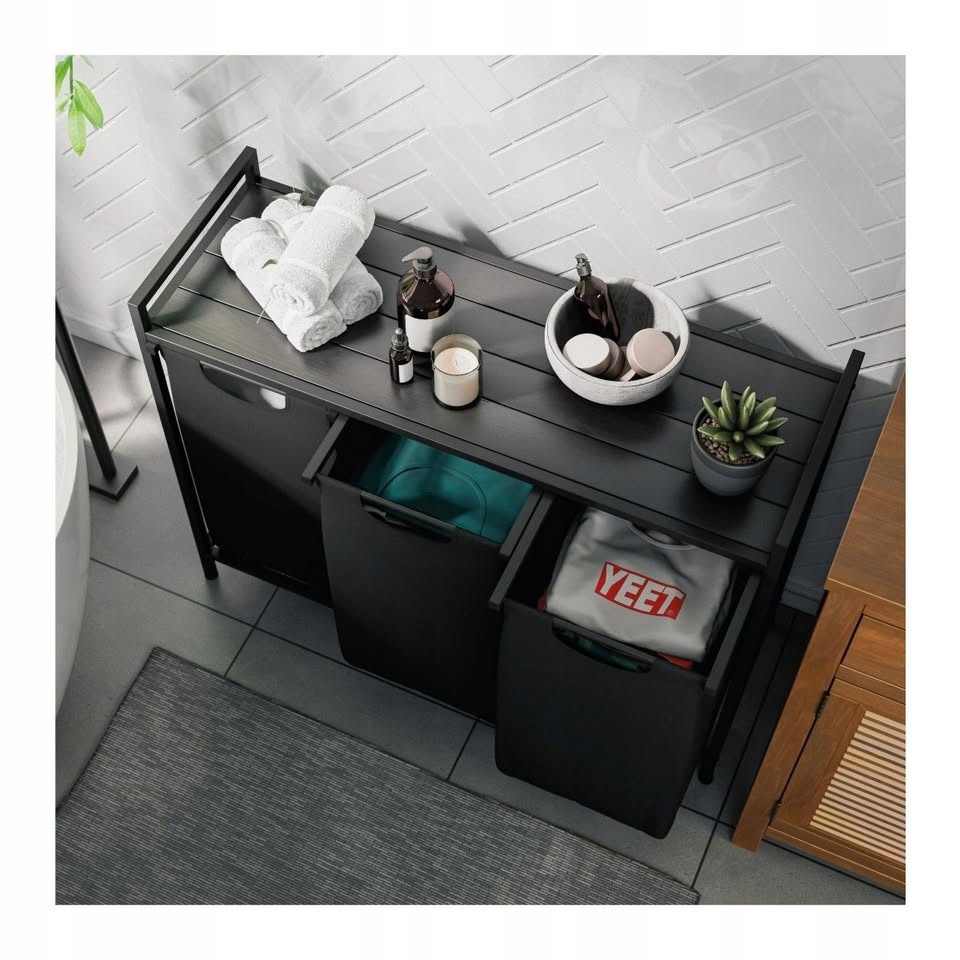 Tříkomorový koš na prádlo s odkládací policí, černý - 2