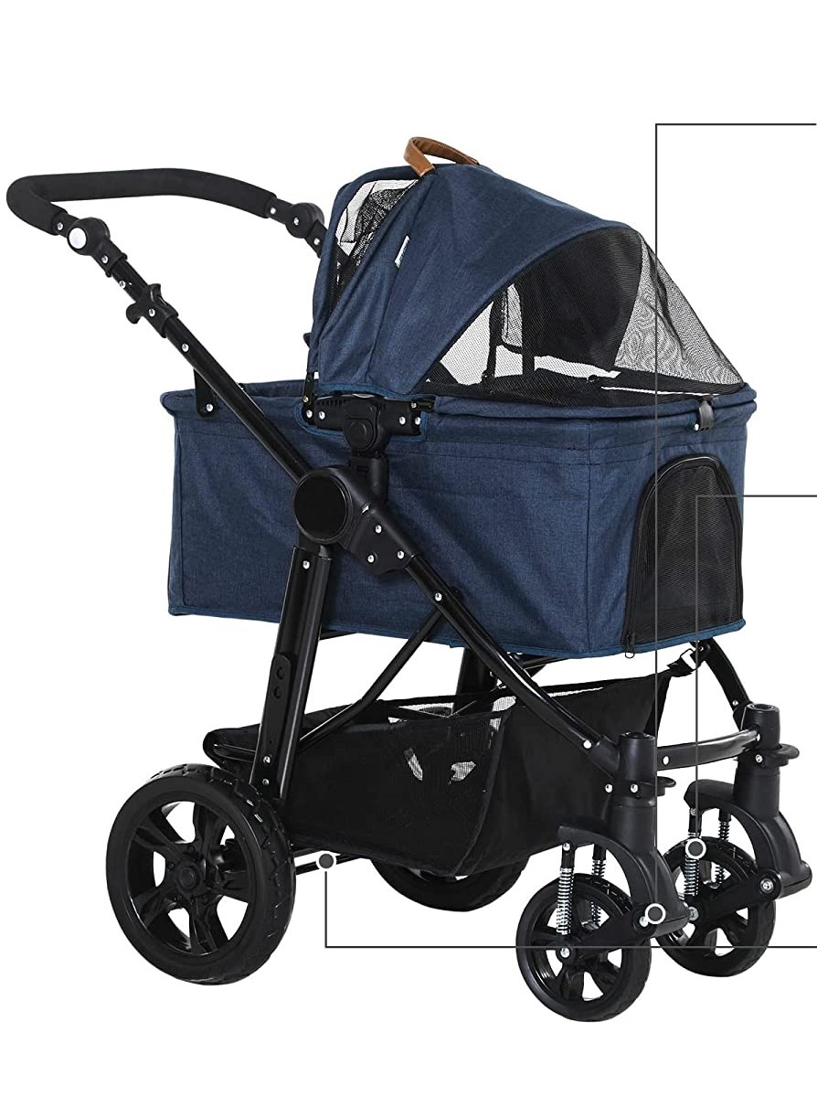 PawHut odpružený kočárek pro psy 2v1 tm. modrý - 2