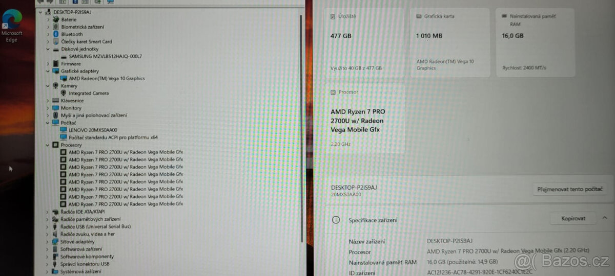 Lenovo, Ryzen 7 2700u 4/8x 3,80GHz, 16GB DDR4, 512GB SSD, 5h - 2