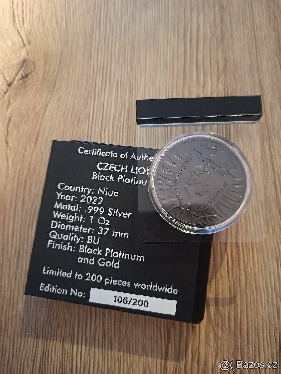 1 oz Český lev 2022 Black Platinum s pozlacením - 2