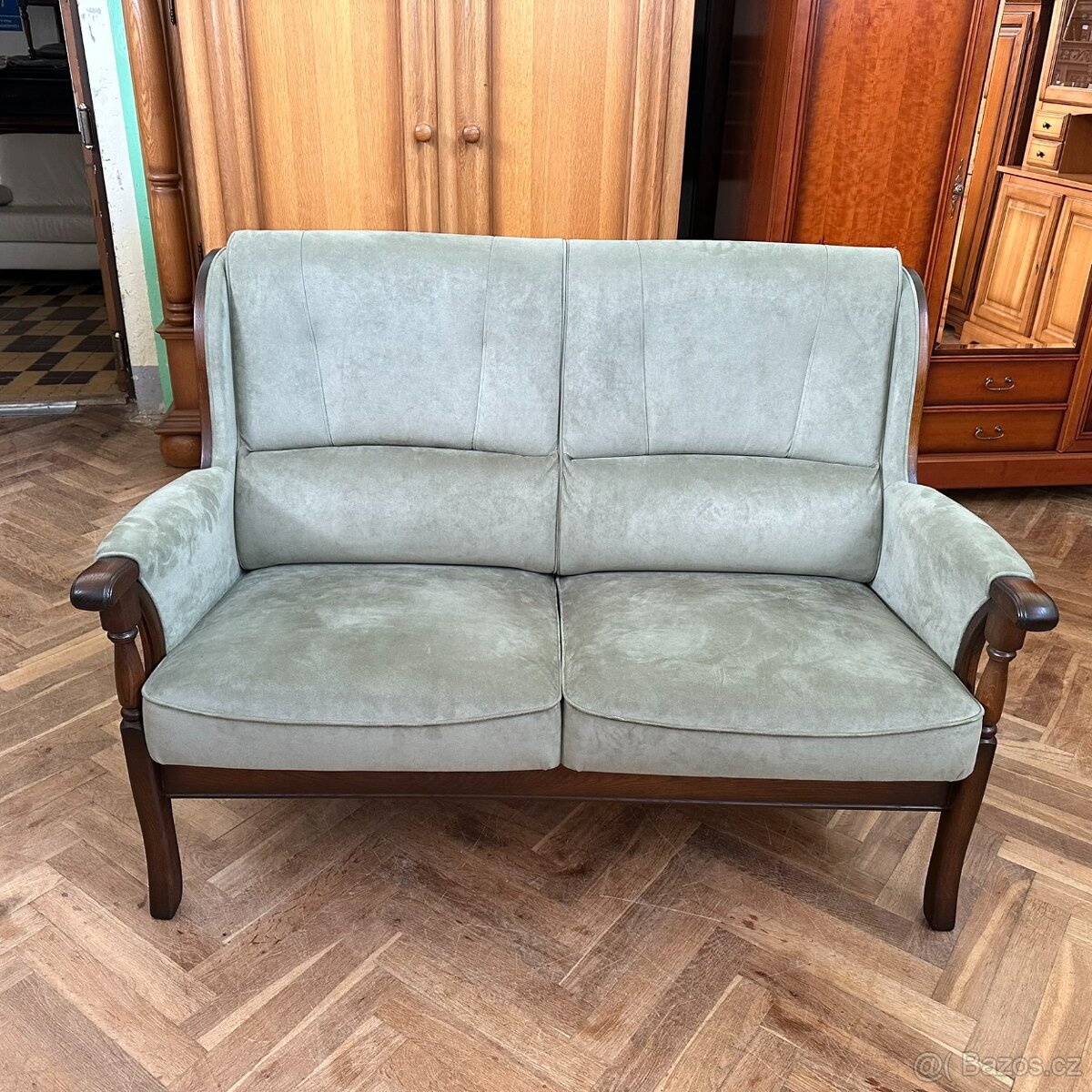 Gauč zelenkavé čal. tmavý dub masiv - 2