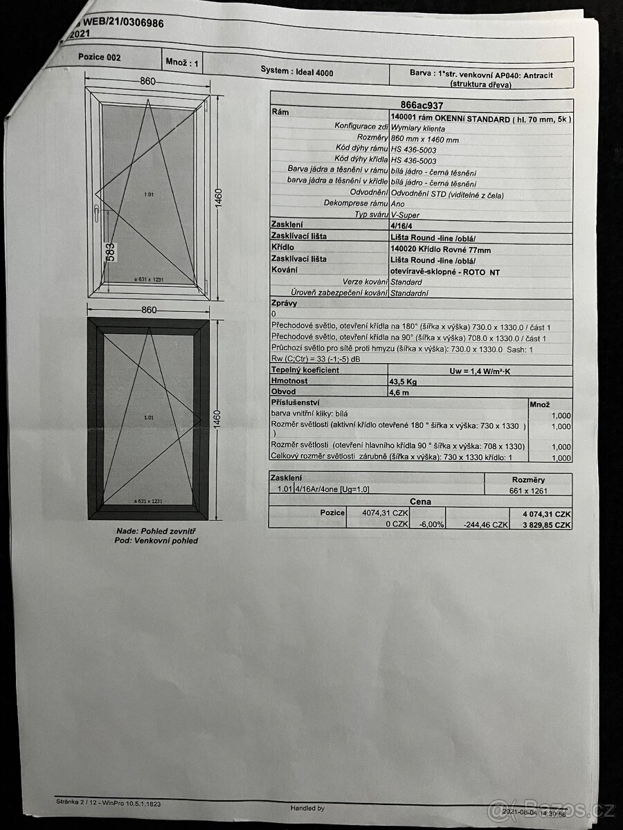 Prodám okna dvojsklo značky Decco EkoSun83 Antracit. 2021 - 2