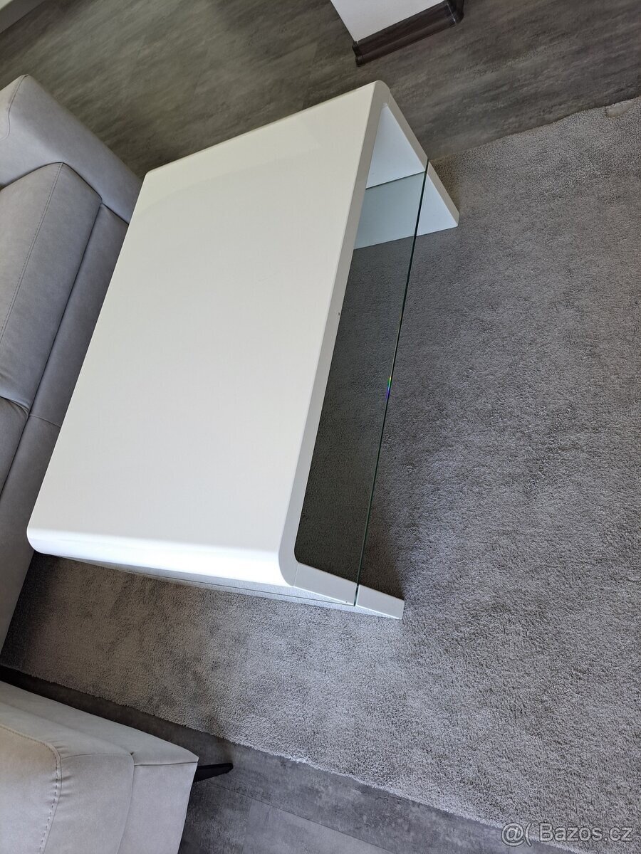 Konferenční stolek, bílá lesk/sklo - 2