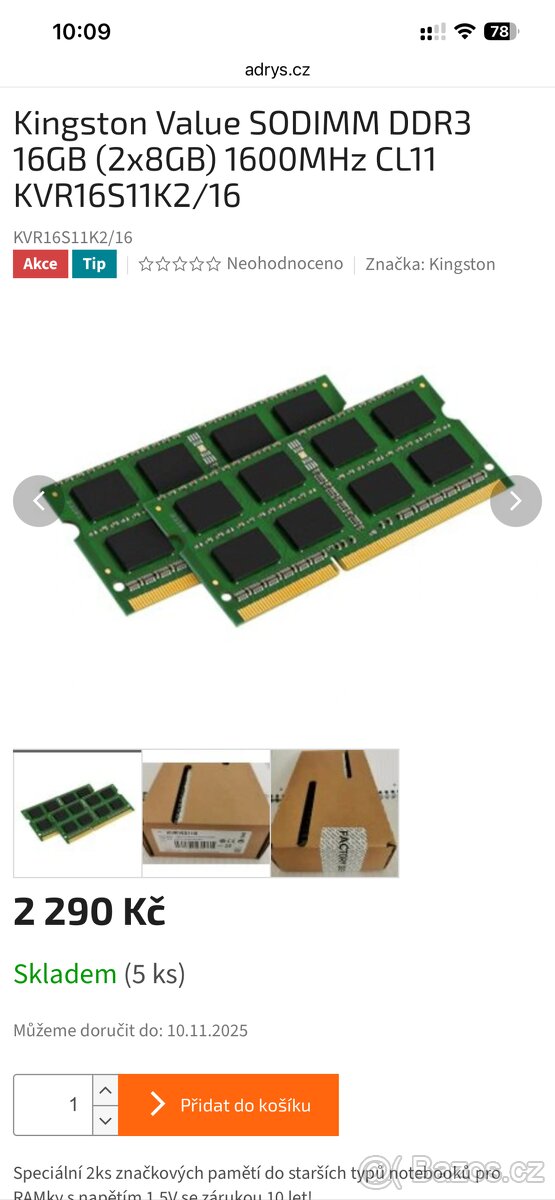 💻 Prodám paměť RAM Kingston 16GB (2x8GB) DDR3 1600MHz CL11 - 2