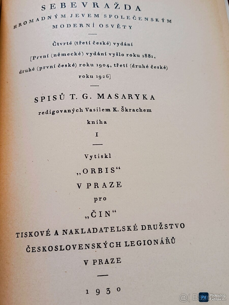 Kniha SEBEVRAŽDA HROMADNÝM JEVEM SPOLEČNOSTI rok 1930, cena - 2