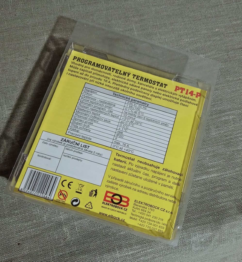 Programovatelný termostat PT14-P Elektrobock nový - 2